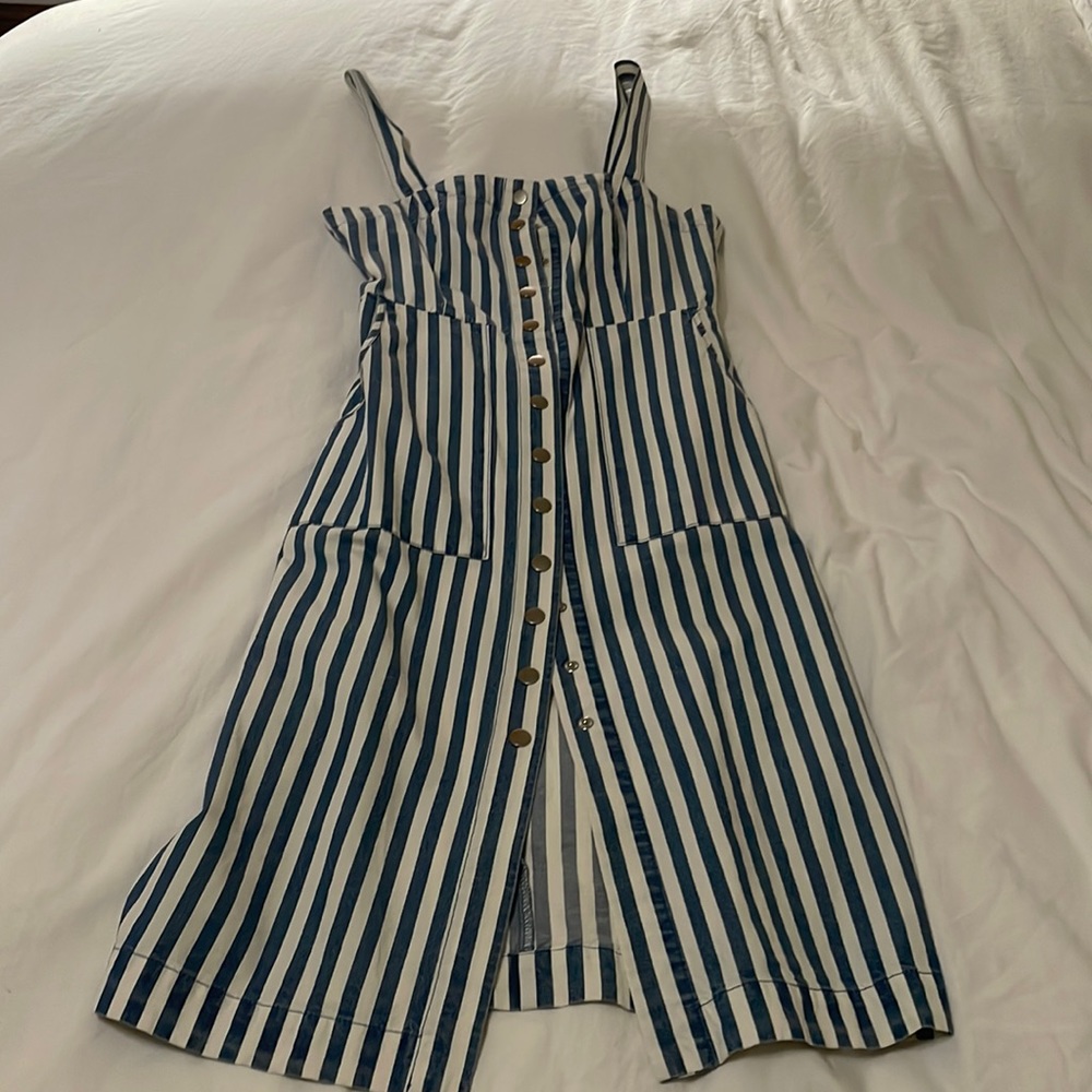 Blue and white striped midi dress with pockets